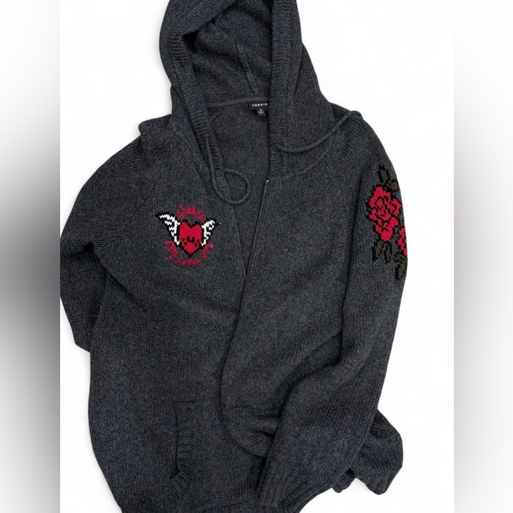 Torrid Charcoal Hooded Cardigan with Heart and Rose Embroidery